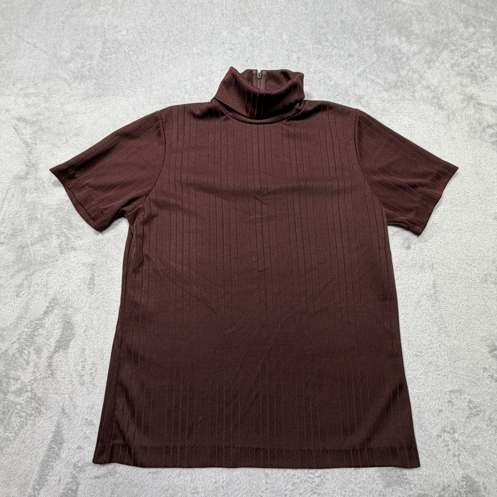 Vintage 70s Brown Ribbed Turtleneck Short Sleeve Top Size L Back Zip Retro Mod